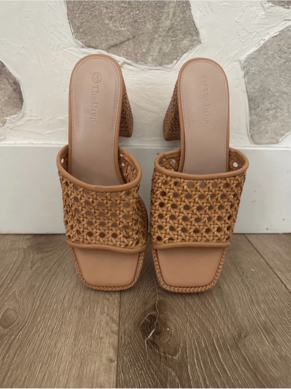 Tan Woven Block Heel Mules